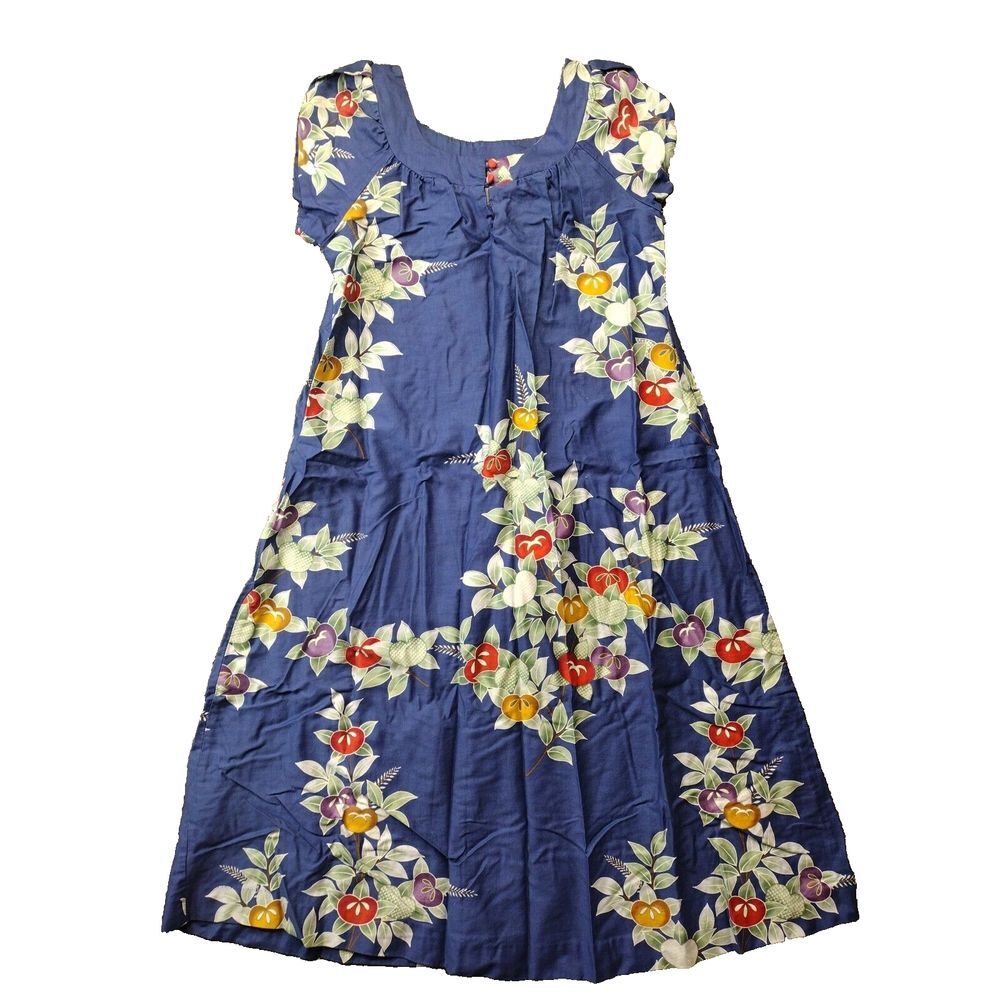 Vtg Sun Fashions Of Hawaii Honolulu Sz 10 Blue Floral & Fruits Muumuu Maxi Dress